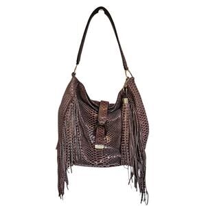 G.I.L.I. Sienna Cobra Brown Leather Stirrup Fringe Hobo Bag EUC